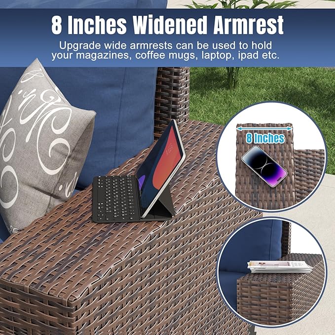 Aoxun 7 Pieces Patio Furniture Set with 44” Fire Pit Table Wicker Rattan Outdoor Sectional Conversation Set with Coffee Table and 4” Thickened Cushions, Blue(Waterproof Cover Included)