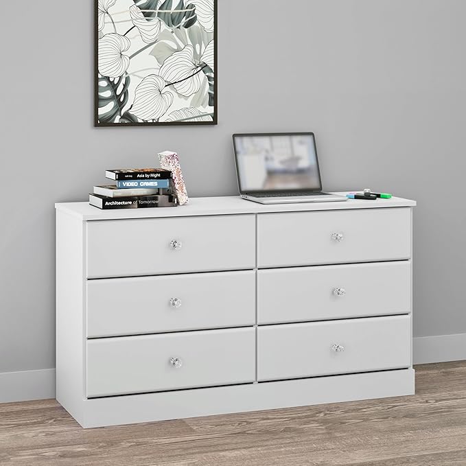 Prepac Astrid 6 Drawer Double Dresser for Bedroom with Crystal Knobs, Wide Chest of Drawers, Bedroom Furniture, Clothes Storage and Organizer, 15.5" D x 47.5" W x 26.85" H, White