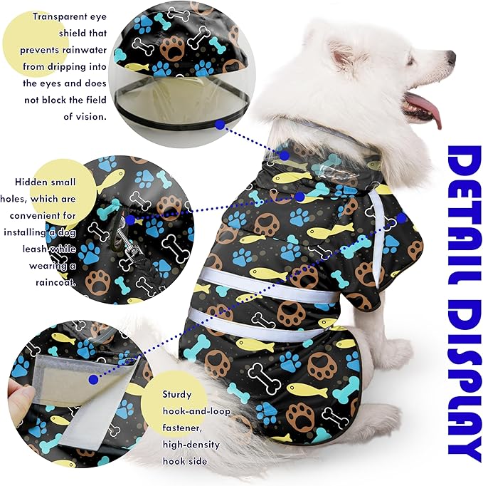 Dog Raincoat, Adjustable Dog Rain Jacket with Clear Hooded Double Layer for Large Medium Small Dogs Puppies, Waterproof Rain Coat Poncho Paw Print, Black-L