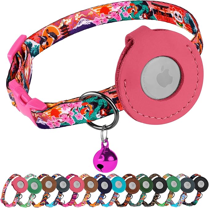 Airtag Cat Collar with Bell - Non Breakaway Soft Pet Collar with Leather Air Tag Holder - Adjustable GPS Anti-Lost Collars for Girl Boy Cats Kitten Puppies, Lightweight and Patterned (Japanese)