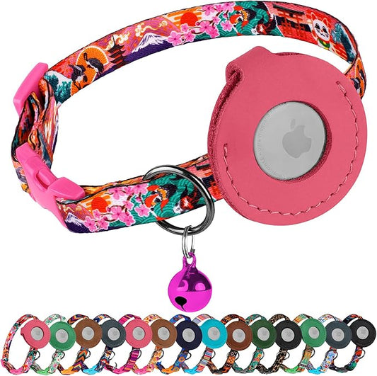 Airtag Cat Collar with Bell - Non Breakaway Soft Pet Collar with Leather Air Tag Holder - Adjustable GPS Anti-Lost Collars for Girl Boy Cats Kitten Puppies, Lightweight and Patterned (Japanese)