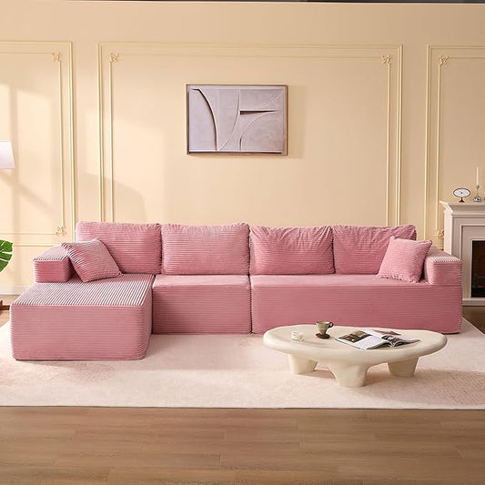 138" Boneless Couch with Deep Seat, Modular Sectional Sofa, Cloud Sectional Couch for Living Room, No Assembly Required, Corduroy, 4 Seater L-Shape Left, Pink