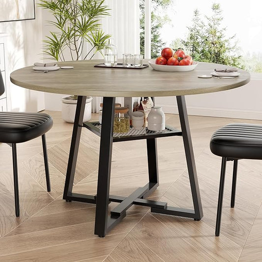 Round Dining Table for 2-4 People,42 Inch Dining Room Table,Modern Circle Kitchen Table with Storage Shelf and Metal Legs for Dining Room,Kitchen,Grey (Table Only)