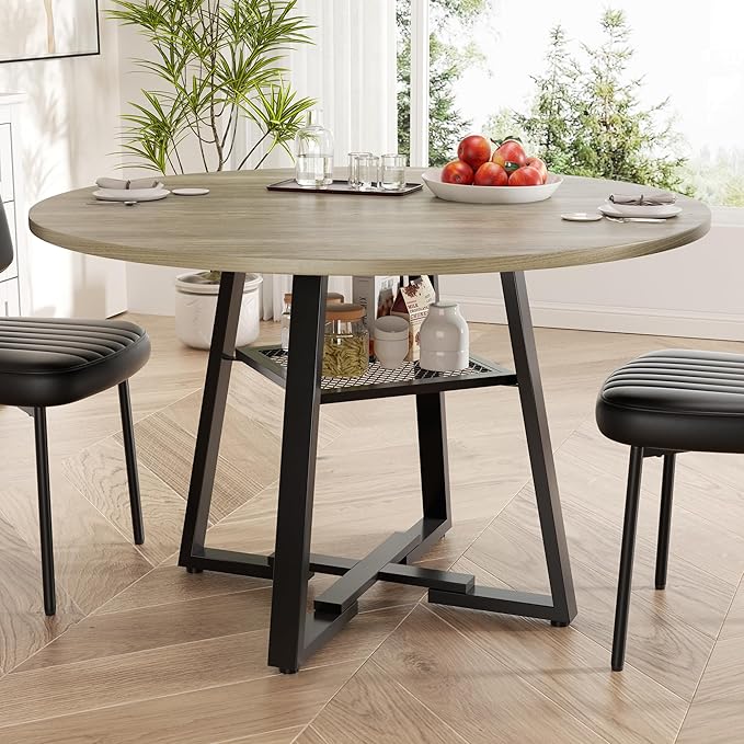 Round Dining Table for 4-6 People,47 Inch Dining Room Table,Modern Circle Kitchen Table with Storage Shelf and Metal Legs for Dining Room,Kitchen,Grey (Table Only)