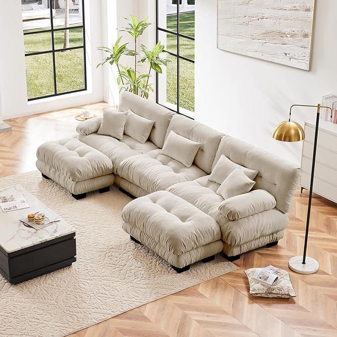 Beige Ottoman for Modular Sectional Sofa, Single Sofa, Ottoman Seat for Convertible Sectional, Chenille Sofa Couch for Living Room, Bedroom, Apartment