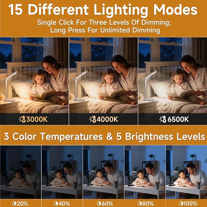 Magnetic Led Desk Lamp: 2 in 1 Magnetic Reading Lamp with USB Charging Port for Home Bedroom Office Study | Dorm Desk Lamp with 3500-6500k Touch Control Dimming | 5 Brightness Levels | Black