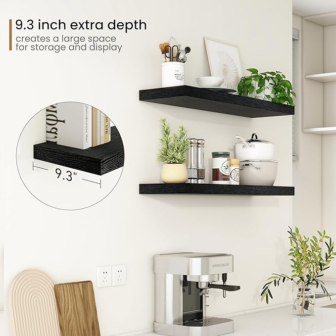 Fun Memories 36Inch Floating Shelves, 9.3Inch Deep Rustic Wall Shelves - Extra Deeper & Thicker Wall Mounted Storage Shelf for Kitchen, Farmhouse - Set of 2 - Rustic Black