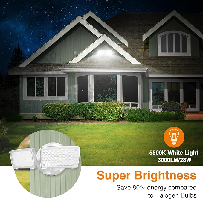 LEPOWER 3000LM Flood Light Outdoor, Switch Controlled LED Security Light, 28W Exterior Lights with 2 Adjustable Heads, IP65 Waterproof, 5500K Wall Mount Exterior LED Flood Light for Garage, Yard White