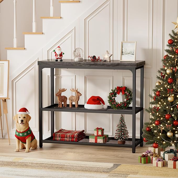 32" Small Console Table with Storage, 3-Tier Narrow Entryway Table, Sturdy Sofa Table with Mesh Shelves, Console Tables for Living Room, Bedroom, Hallway, Entryway, Foyer, Oak Grey