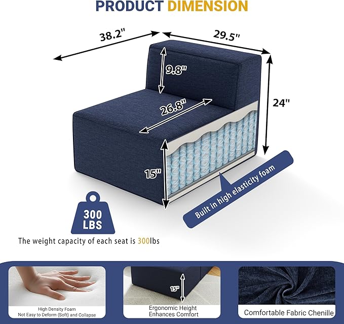 38“ Modular Sectional Sofa Convertible Cube Couch Seat Set, Combine L-Shaped U-Shaped, Free Assembly, Space-Saving for Living Room, Thick Foam Fabric Chenille Blue (Only Armless)