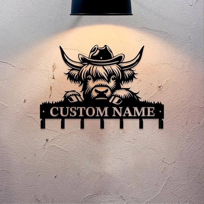 Personalized Highland Cow Metal Keys Hooks,Custom Name Metal Highland Cow Keys Hooks,Black Metal Highland Cow Wall Home Storage Decorative Keys Hooks,Key Holder Hooks for Wall (Style G)
