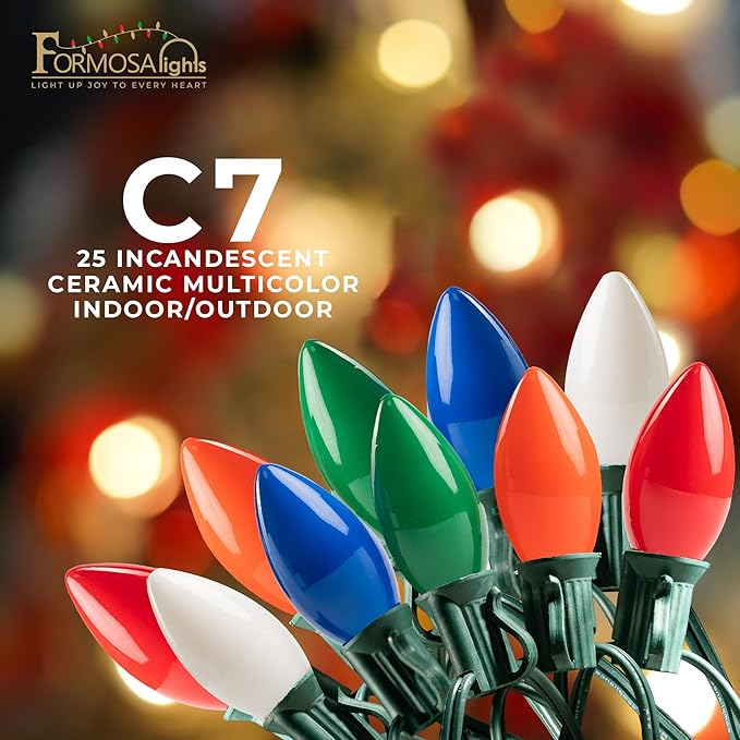 C7 26ft Indoor/Outdoor Ceramic Multicolor Incandescent Christmas String Lights with 25 Bulbs | 120V, 5W