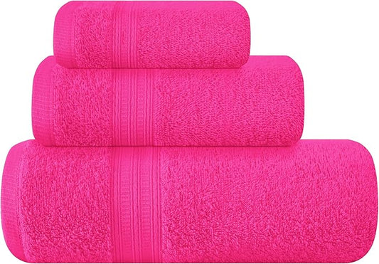 BOUTIQUO Ultra Soft 3 Pack Cotton Towel Set, Contains a Bath Towels 27x54 inch, a Hand Towels 16x24 inch & a Wash Coths 12x12 inch, Ideal Everyday use, Compact & Lightweight - Hot Pink