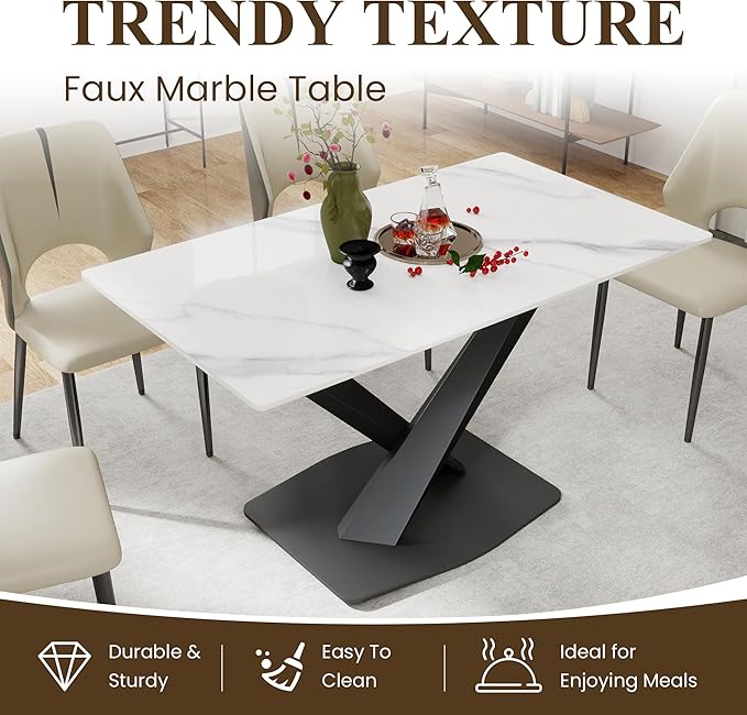 55" Modern Dining Table for 4-6 People, White Sintered Stone Table Top with X-Shape Carbon Steel Pedestal, Large Rectangular Table for Kitchen Living Room