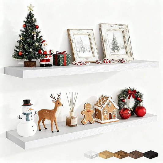 Fun Memories 40" Rustic Wood Floating Shelves with Invisible Brackets for Storage & Decor, Deep Wall Mounted Shelves for Bathroom, Kitchen, Living Room (White, Set of 2)