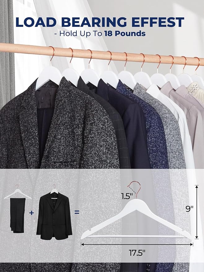 Smartor White Wooden Hangers 20 Pack, Solid Wood Coat Hanger for Closet, Heavy Duty Wood Hangers for Suits, Shirts, Dresses, with 360° Rose Gold Hook, Non Slip Pant Bar