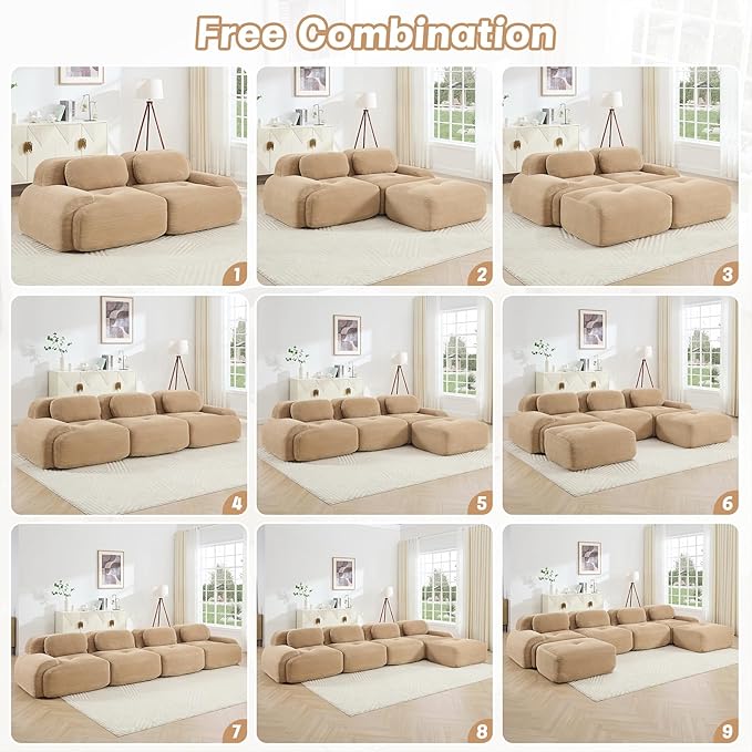 80" Modern Compressed Boneless Love Seat Couches with 1 Ottoman, 2 Seater Large Sectional Couches for Living Room, Camel Corduroy Cloud Modular Sectional Sofa, Memory Foam, Deep Loveseat, No Assembly