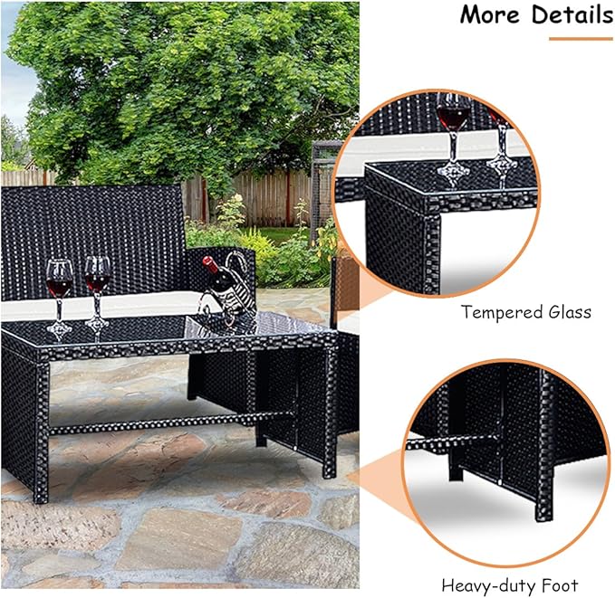 Goplus 4-Piece Rattan Patio Furniture Set, Outdoor Wicker Conversation Sofa with Weather Resistant Cushions and Tempered Glass Tabletop for Lawn Backyard Pool Garden (White(Black Wicker))