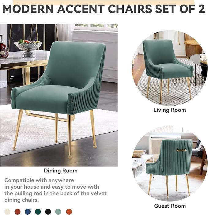 Dining Chairs, Accent Chairs Set of 2, Modern Upholstered Kitchen Dining Room Chairs with Gold Legs, Fabric Tufted Velvet Living Room Chairs for Reception Room Bedroom Guest Room (Green)