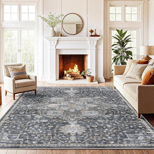 AMADA HOMEFURNISHING 6x9 Area Rugs, Blue Low-Profile Washable Rug with Non-Slip Backing & Durable Edge Binding, Vintage Rugs for Living Room, Bedroom, Dinning Room