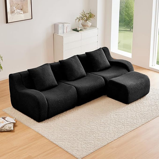 Black L-Shaped Cloud Couch with 1 Ottoman, Modern Teddy Fabric Boneless Sectional Sofa in a Box, Modular Floor Sofa for Living Room, Deep Seat, No Assembly Required, Sofas para Sala