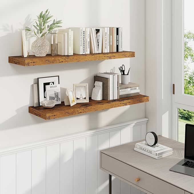 Fun Memories 36 Inch Floating Shelves, 9.3 Inch Deep Rustic Wall Shelves - Extra Deeper Wall Mounted Storage Shelves for Bathroom, Kitchen, Living Room (Brown, Set of 2)