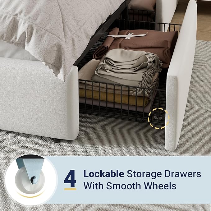 Allewie Modern King Size Platform Bed Frame with 4 Storage Drawers and Velvet Upholstered Headboard, Wooden Slats Support, Upholstered Mattress Foundation/No Box Spring Needed/Easy Assembly, White