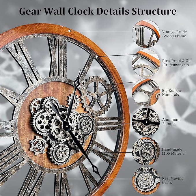 Large Wall Clock, Clocks for Living Room Decor Oversized 30 Inch Wall Decor Farmhouse Vintage Rustic Industrial Roman Big Chic Home Decor Wall Clock for House Bedroom Office, Moving Gears Clock