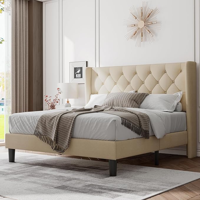 Feonase Queen Bed Frame with Diamond Tufted Wingback Headboard, Morden Upholstered Platform Bedframe, Sturdy Wooden Slats Support, Noise-Free, Easy Assembly, No Box Spring Needed, Beige