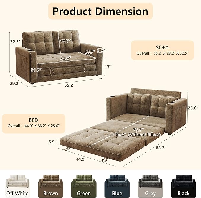 WorthFurni Convertible Sofa Bed, Folding Sofa Bed 2 in1 Pull Out Loveseat Sleeper Sofa, Floor Sofa Bed for Small Spaces Folding Couch Bed with Pillows for Living Room Bedroom - Brown