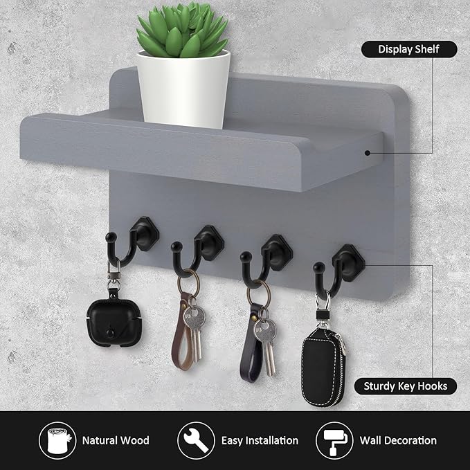 Nekon Key Holder Wall Mount, 8.5 Inch Small Home Decor Wooden Wall Organizer with 4 Hooks and Shelf, Key and Mail Holder for Living Room Entryway Kitchen (Gray)