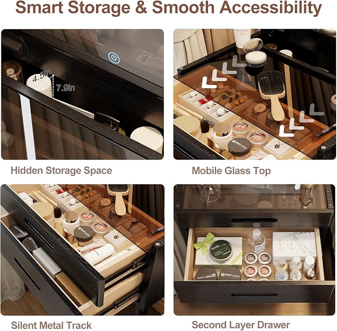 Solid Wood Small Vanity Desk with Mirror and Lights, Narrow Makeup Vanity for Small Space, Flip Top Vanity Side Table, 3 Color Modes & Adjustable Brightness, 19.6" Slim Dressing Table, Black