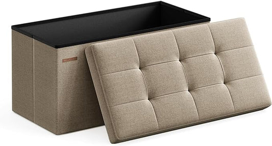 SONGMICS Mazie Collection - 30 Inches Folding Storage Ottoman Bench, Ottoman Foot Rest, End of Bed Bench, Storage Chest, Load 660 lb, for Living Room, Bedroom, Entryway, Camel Brown ULSF047R01