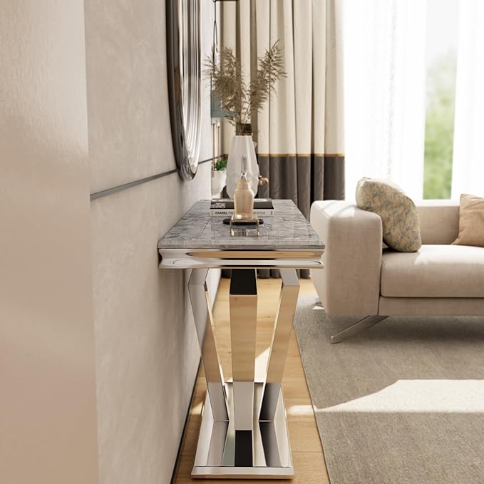 Asday Silver Console Table, Mirrored Sofa Table with Geometric Steel Base, Modern Silver Narrow Rectangular Console Table for Entryway, Living Room, Office, Coffee Bar, Front Hall