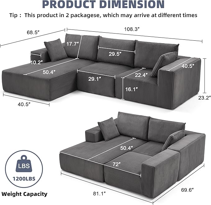 108” Modular Sectional Sofa, Cloud Sectional Couch with Deep Seat, Modern Modular L-Shape Sofa Couch with Chaise,Upholstered Boneless Couches for Living Room Bedroom (Grey, Left Facing Chaise)