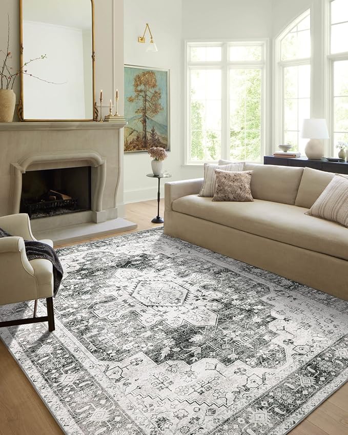 Moynesa Ultra-Thin Washable Area Rug - 5x7 Large Gray Rug for Living Room Vintage Rugs for Bedroom, Non Slip Non Shedding Pet Friendly Dining Room Mat Carpet for Department Office Kitchen