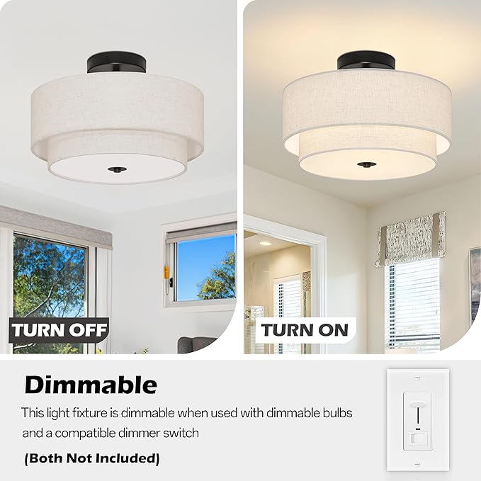 3 Light Semi Flush Mount Ceiling Light Fixture 15.7 Inch Modern Black Drum Ceiling Light Fixture with 2-Layer Fabric Shade Dimmable Close to Ceiling Light for Living Room Hallway Bedroom Entryway