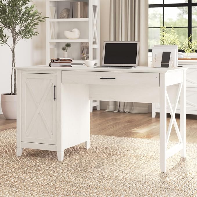 Bush Furniture Key West Computer Desk with Storage | Farmhouse PC Table for Home Office in Linen White Oak | 54W x 24D
