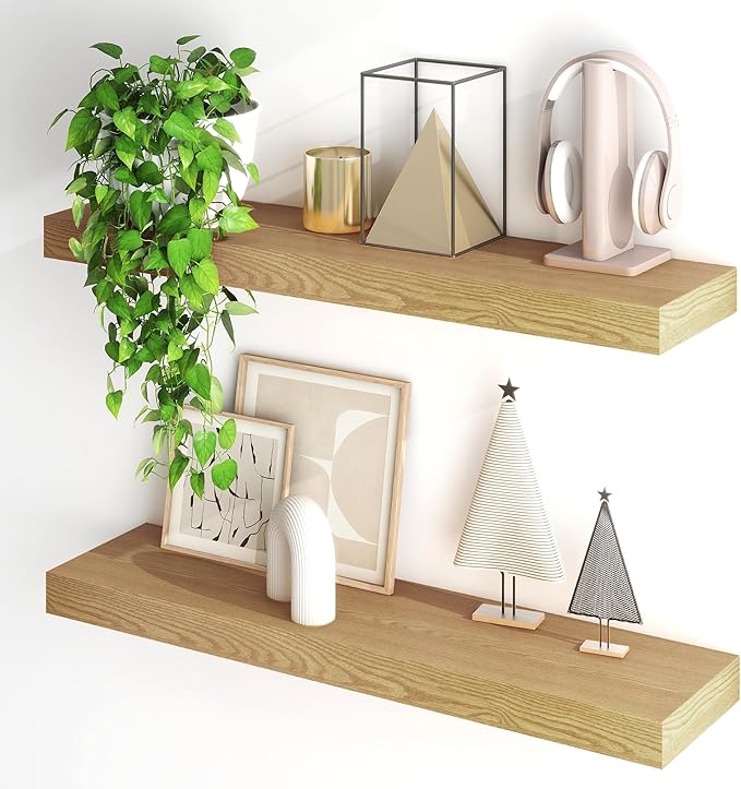 Fun Memories Floating Shelves for Wall, 32Inch Floating Shelves Set of 2, Hanging Shelf with Invisible Brackets, Wood Shelves for Living Room, Bedroom, Kitchen, Oak