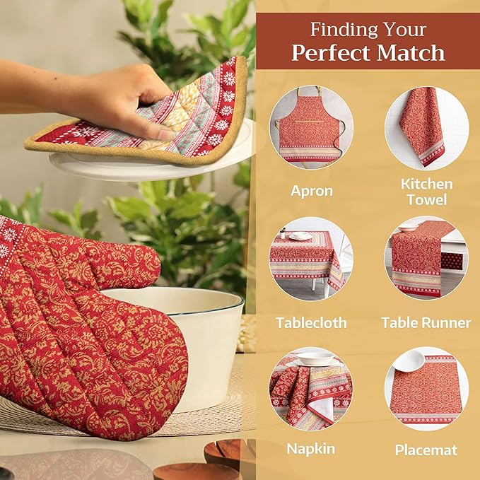 Maison d' Hermine 100% Cotton Oven Mitt & Pot Holder Set (7.5"x13" & 8"x8") Heat Resistant BBQ Cooking Gloves with Loop for Thanksgiving Christmas Decorations Handling Hot Pans (Sofia)