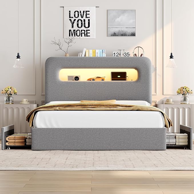 HOSTACK Full LED Bed Frame with Storage Headboard and Charging Station, Boys Bed Frame with 2 Drawers and USB Ports, Velvet Upholstered Platform Bed Frame with Bookcase, No Box Spring Needed, Grey