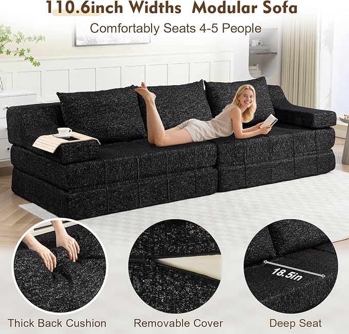MEISSALIVVE Pull Out Sofa Bed, Queen Size Sleeper Sofa Bed with Wide Armrest & Thick Cushion, 2-in-1 Convertible Couch for Living Room, No Assembly Required (Black)