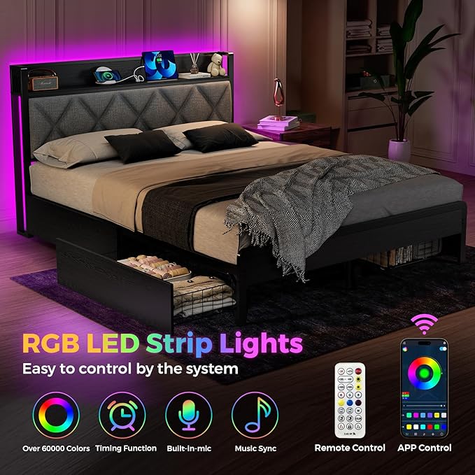 Bed Frame Full Size with Charging Station and LED Lights, Upholstered Storage Headboard with 4 Drawers, Heavy Duty Metal Slats, Noise Free, Easy Assembly, No Box Spring Needed