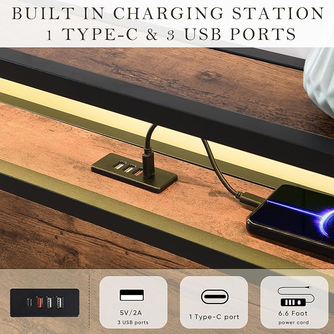 KEIKI Full Lift up Storage Bed Frame with Bookcase Headboard & Charging Station & LED Lights, Wooden Platform Bed Frame, No Spring Box Needed, Rustic Brown