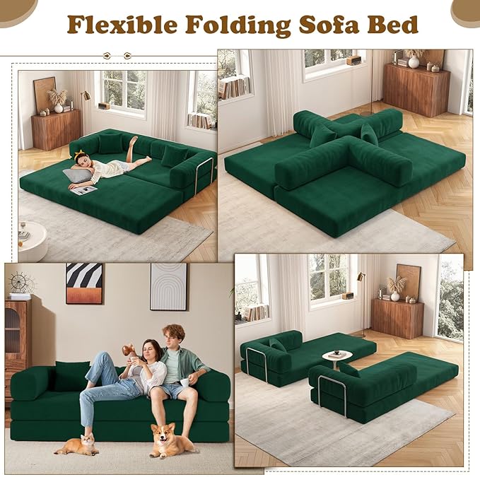 Antetek Convertible Futon Sofa Bed, 3-Seater Modern Corduroy Foam Floor King Size Bed Fold Out Sleeper Lounge Loveseat Sofa Couch with 2 Throw Pillows for Living Room Bedroom Guest Room, Turquoise