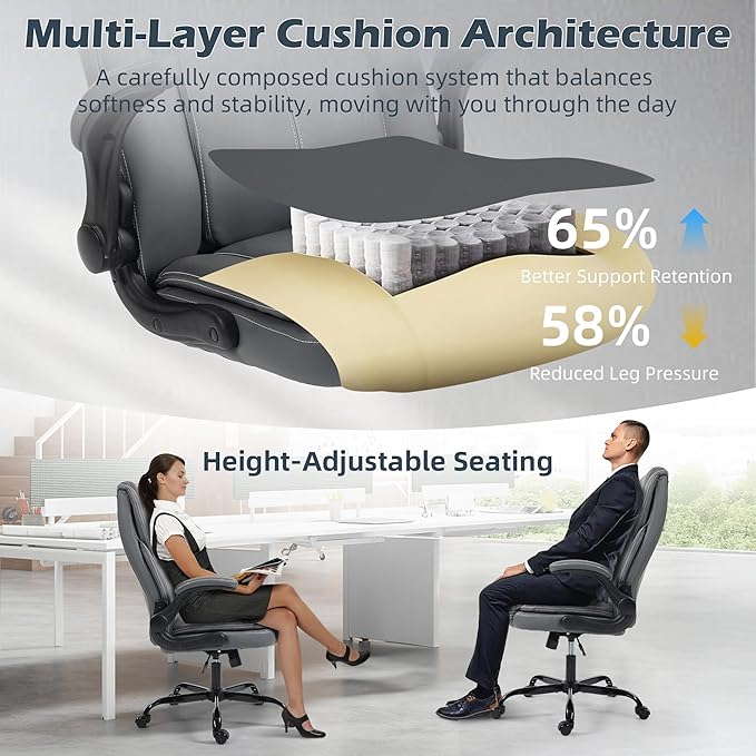 Office Chair - Executive Leather High Back Office Desk Chair with Rocking Function - Ergonomic Breathable Comfortable Wide Swivel Rolling Gaming Computer Chair with Flip-up Armrests & Lumbar Support
