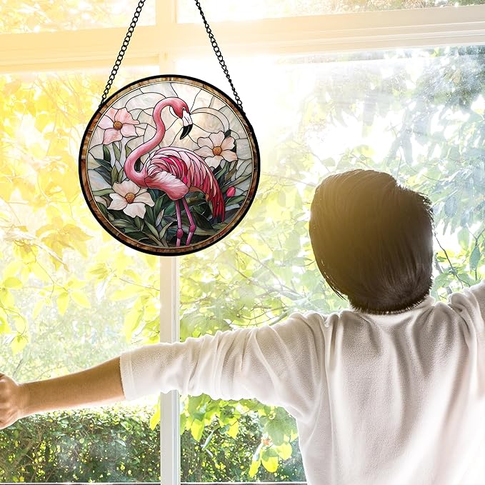 Stained Glass Window Hanging, Flamingo Flower Sun Catchers Diamond Glass Panel Hangings Pink Suncatcher Decor for Birthday for Women, Men, Wife, Aunt, and Mom 7.8 in