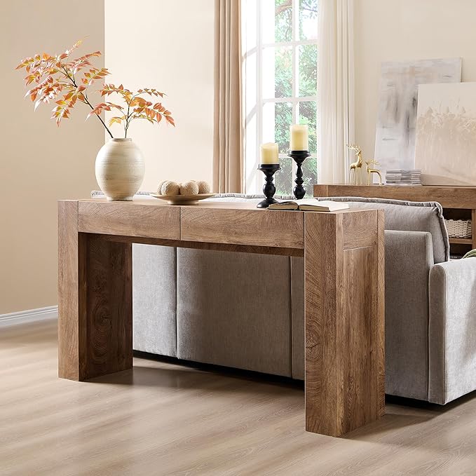 OKD Modern Entryway Console Table, Sofa Table with Drawers, 63" Long Hall Table Behind Couch, Thick Wood Design for Living Room, Hallway - Light Knotty Oak