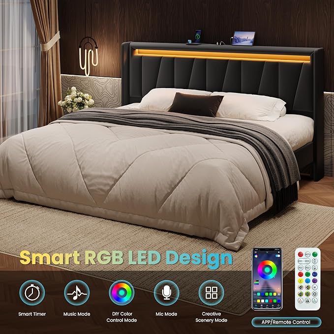 SHA CERLIN King Size Bed Frame with Charging Station and LED Lights, Modern Velvet Platform Bed with Upholstered Geometric Wingback Headboard, No Box Spring Needed, Easy Assembly, Black