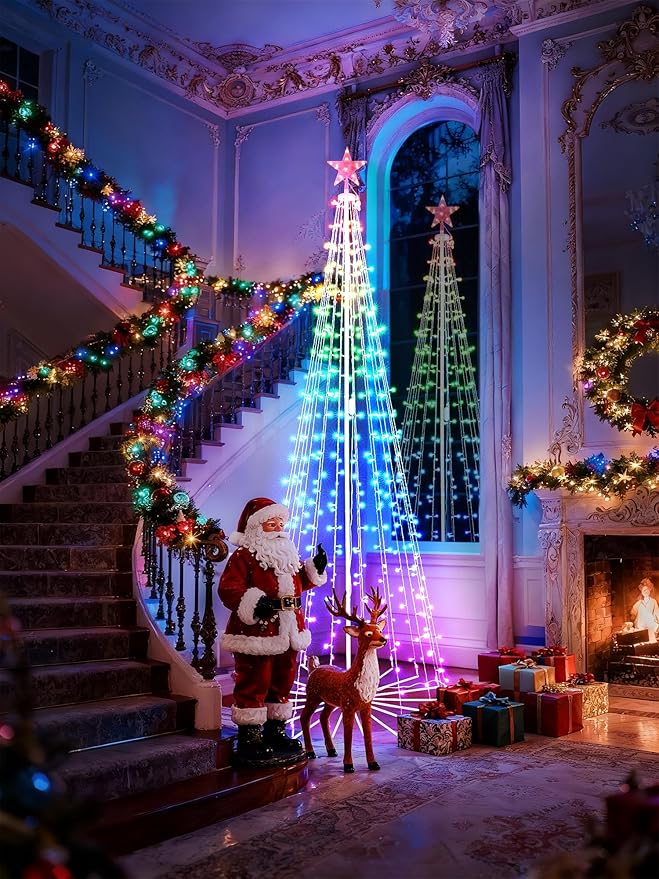 Flacchi 8.8 FT Smart Christmas Tree Lights - Star Tree Topper with Removable Bracket, App Control, Sync with Music, Waterfall Colored Lights for Indoor Outdoor Xmas Decorations (8.8FT/ String Lights)